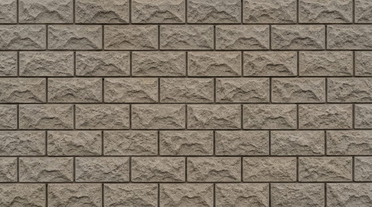 A wall of hollow concrete blocks with a rugged imitation rock face, each block identical, in flat daylight