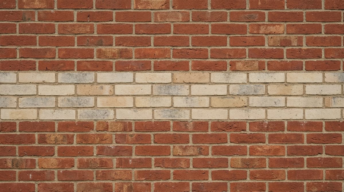 A band of pale cream brick four courses deep running across a wall of dull red brick