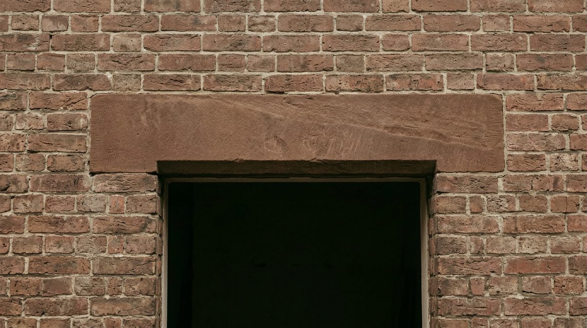 A dressed sandstone lintel over a brick opening, the two materials meeting on a level joint, in flat overcast light