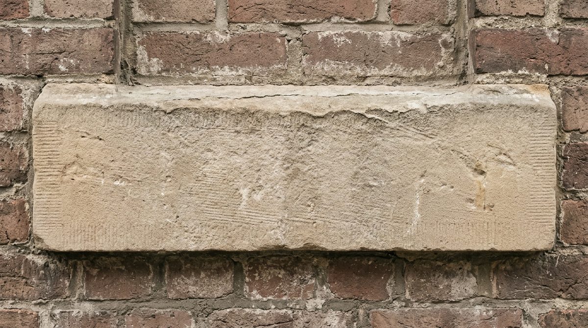 A pale coarse grained sandstone block set into a wall of dark red brick, fine parallel tool marks across its face and the top edge worn back